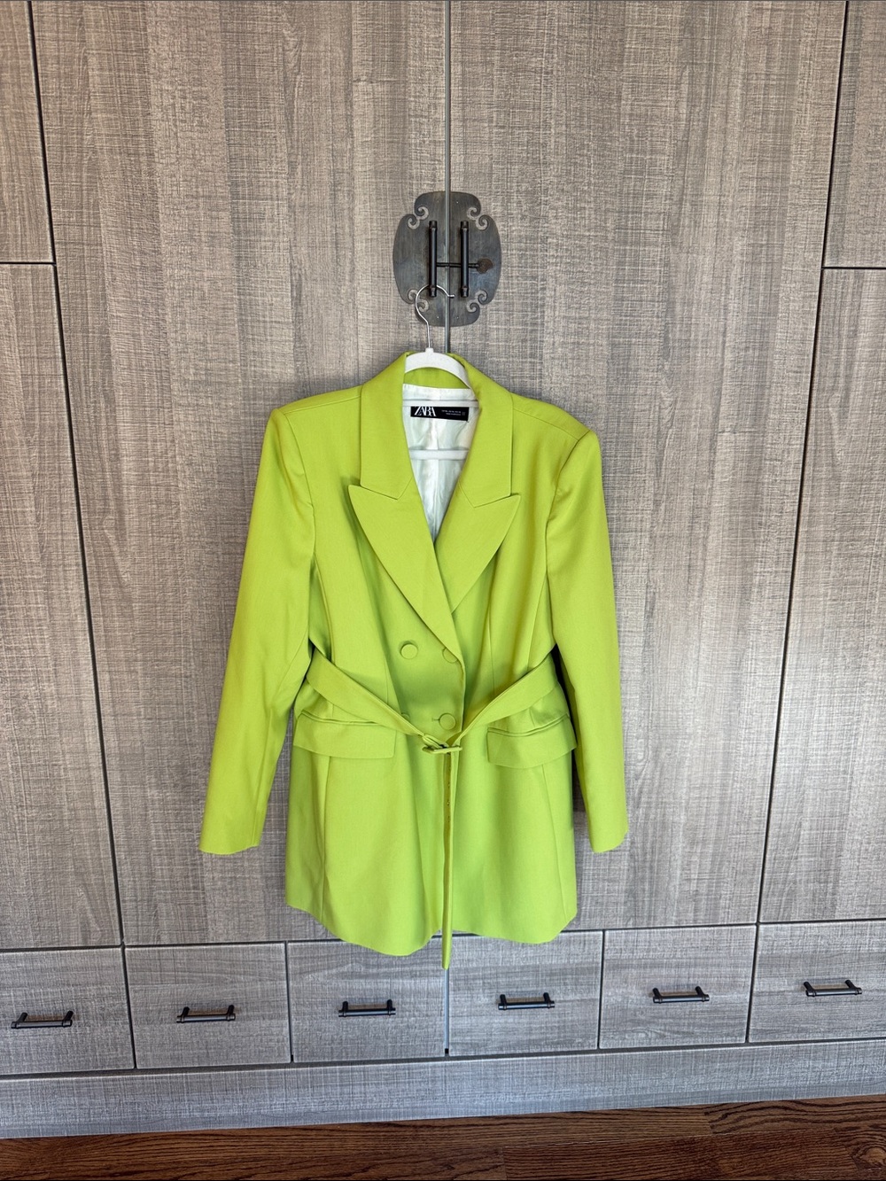 ZARA Bright Lime Green Double-Breasted Belted Blazer